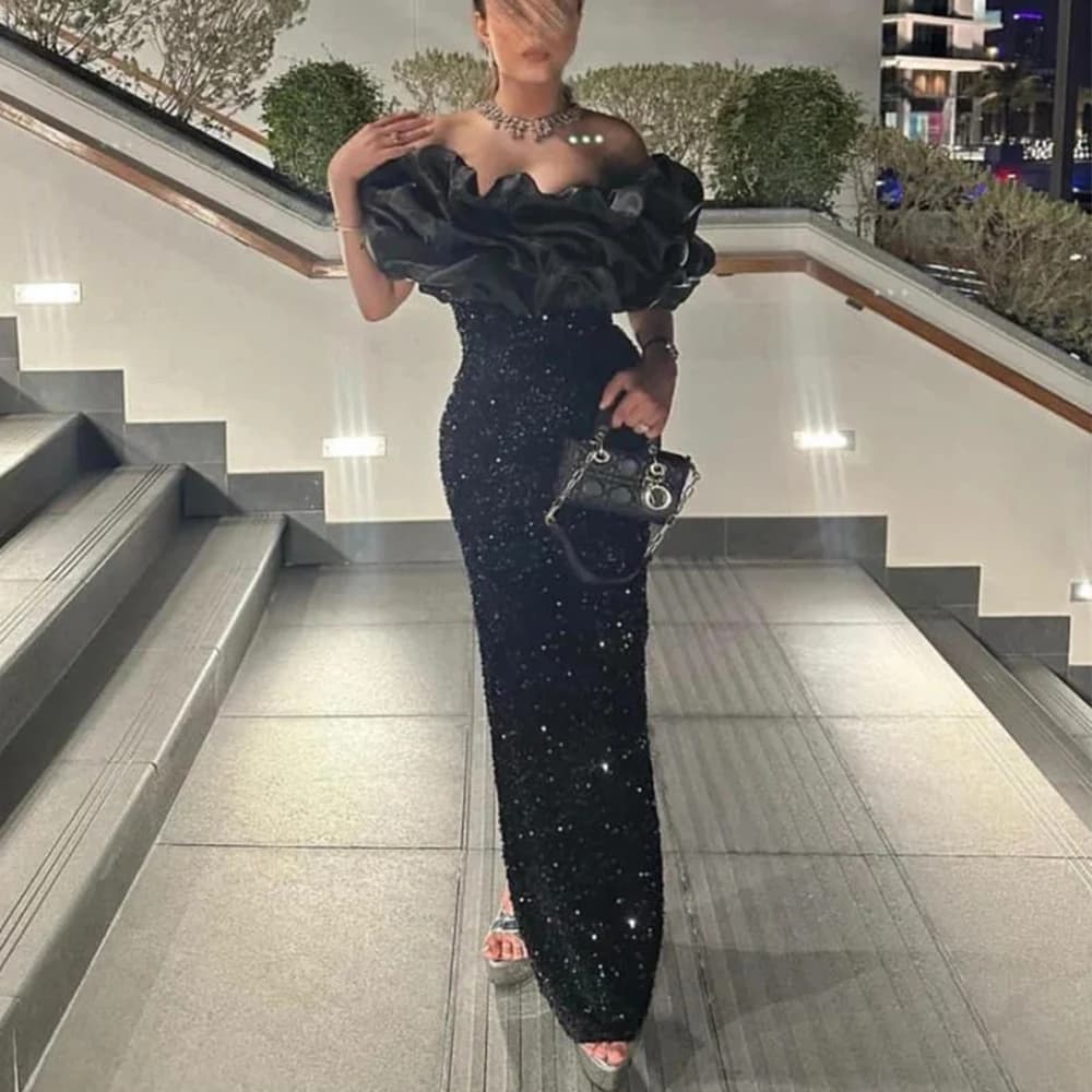 Flechazo Off the Shoulder Sheath Evening Dress Shiny Sequins Velvet Floor Length Short Sleeves Open Back Women Party Gowns