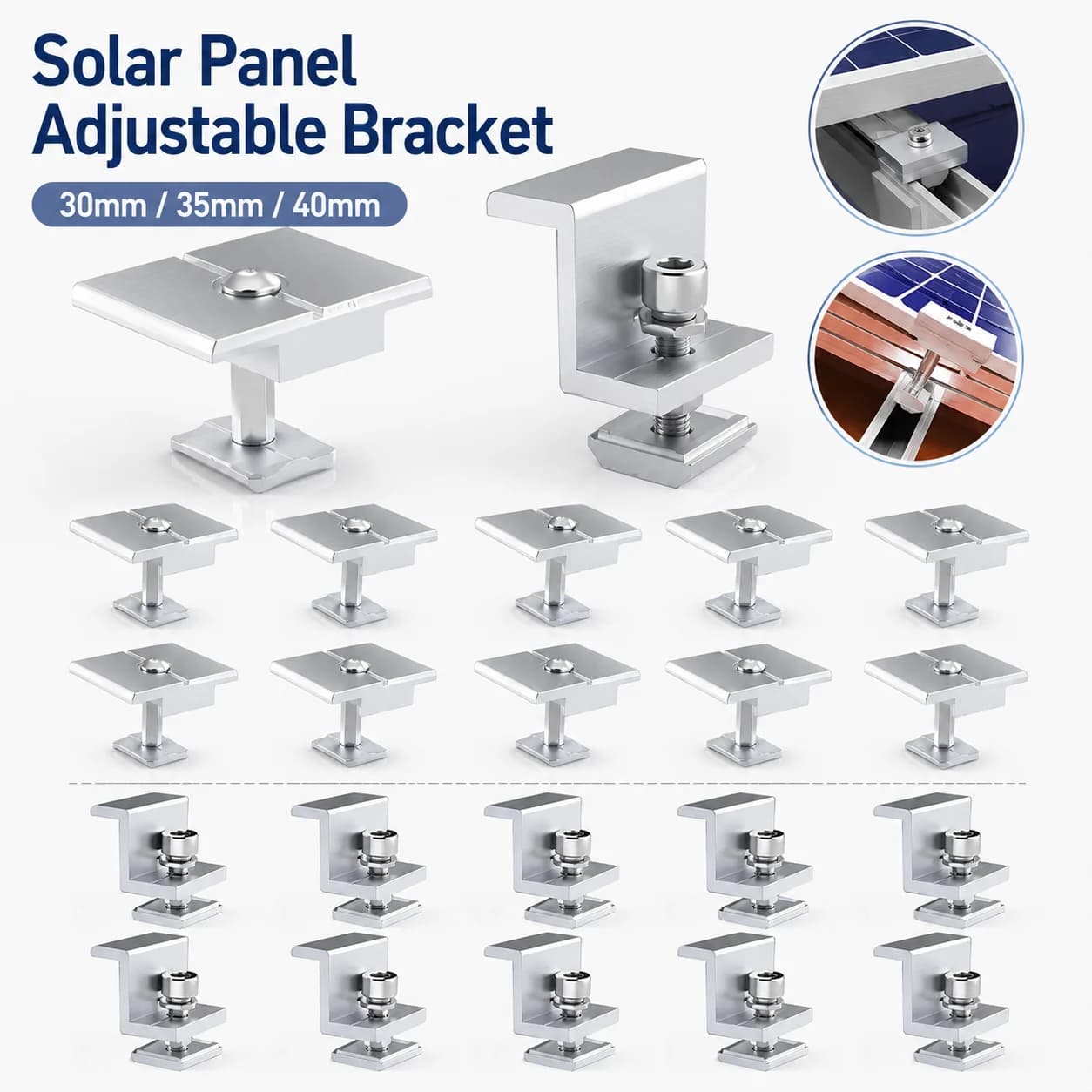 30mm 35mm 40mm Solar Panel Adjustable Bracket Clamps PV Bracket Mounting Clip Solar Mid And End Clamp For Fixing Solar Panel