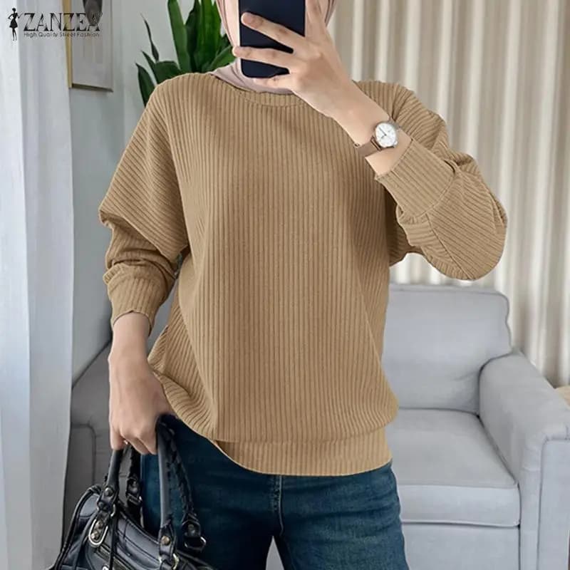 ZANZEA Maglie Casual da Donna Musulmana in Maglia a Costine, T-shirt Primaverili a Maniche Lunghe, Girocollo Tinta Unita, Top Modesti Islamici per Hijab