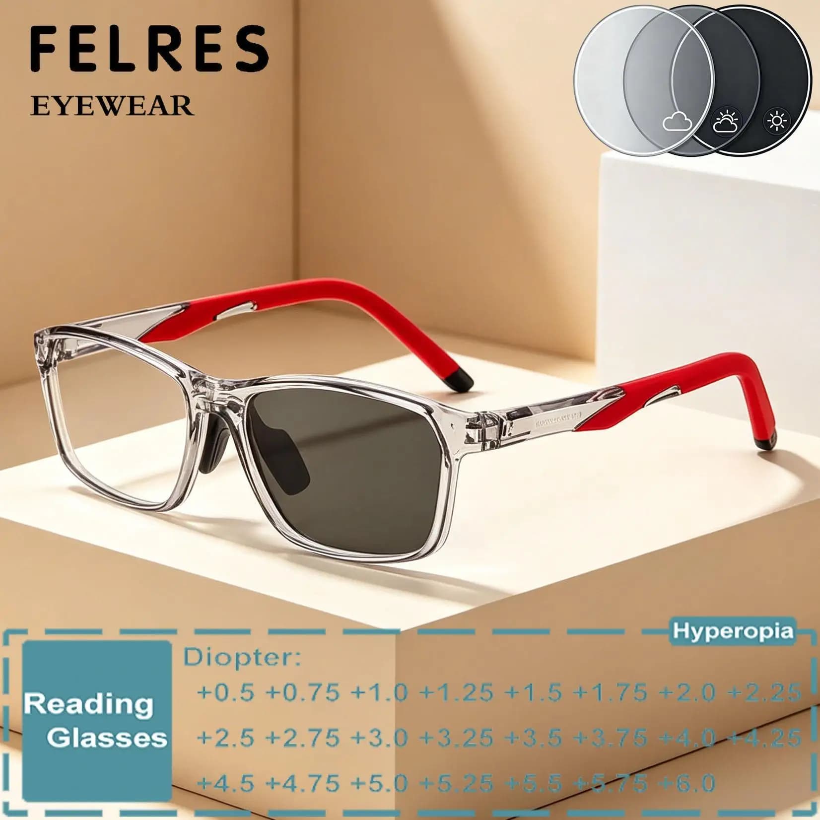 Sports TR90 Photochromic Prescription Reading Glasses Men Women Square Single Focus Presbyopic Eyewear Sun Color Changing Lenses