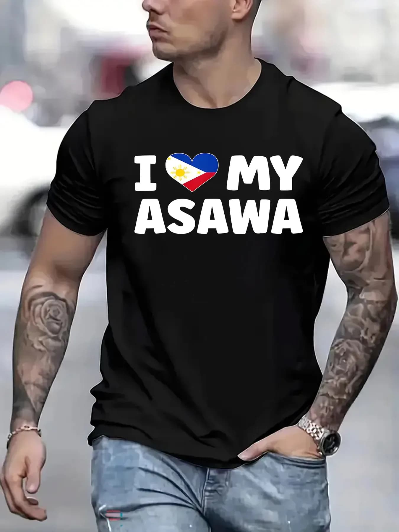I love men's shirts with Filipino partner print and short sleeved casual t-shirts with round neckline.