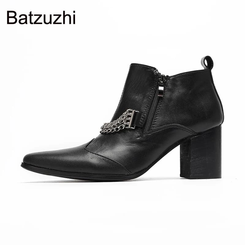 Batzuzhi 7cm High Heels Pointed Toe New Design Men's Boots Shoes Double Zips and with Chains Black Leather Ankle Boots Man