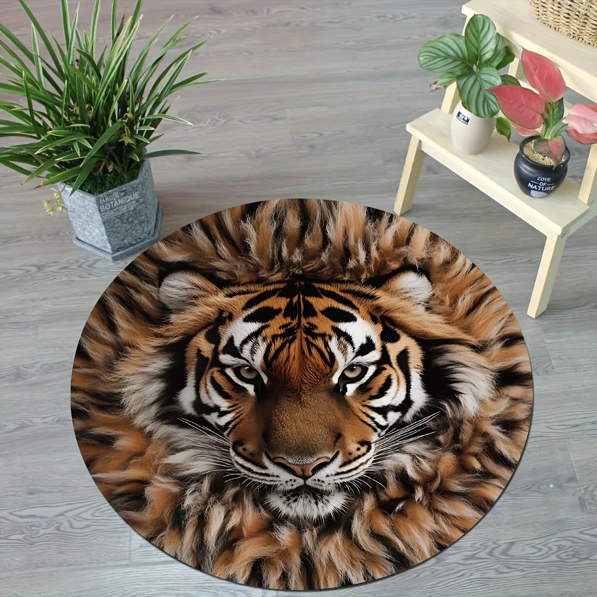 Flannel printed round carpet with tiger shape design for yoga, meditation and home decoration, soft floor mat, wildlife artistic theme