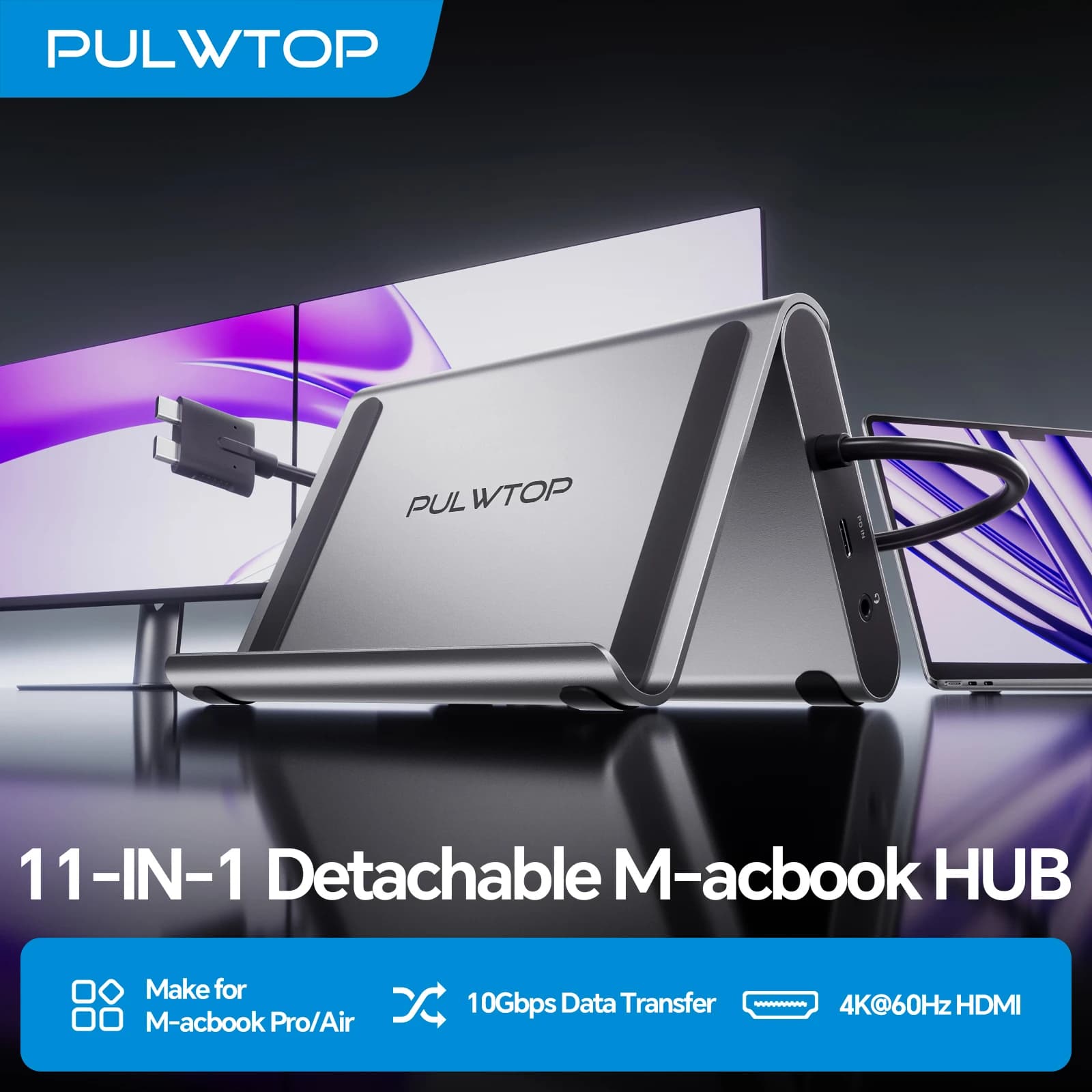 PULWTOP Docking Station per MacBook con Doppio Monitor 4K@60Hz per MacBook Pro/Air M5/M4/M3 con 2HDMI, PD, Ethernet, Audio, SD/TF, USB A/C