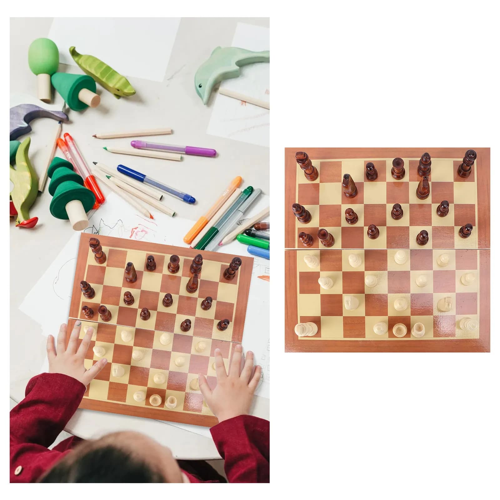 Set di Scacchi Pieghevole in Legno, Scacchiera in Impiallacciatura di Noce e Tiglio, Portatile con Elastici per il Trasporto, Gioco Educativo per Bambini e Adulti