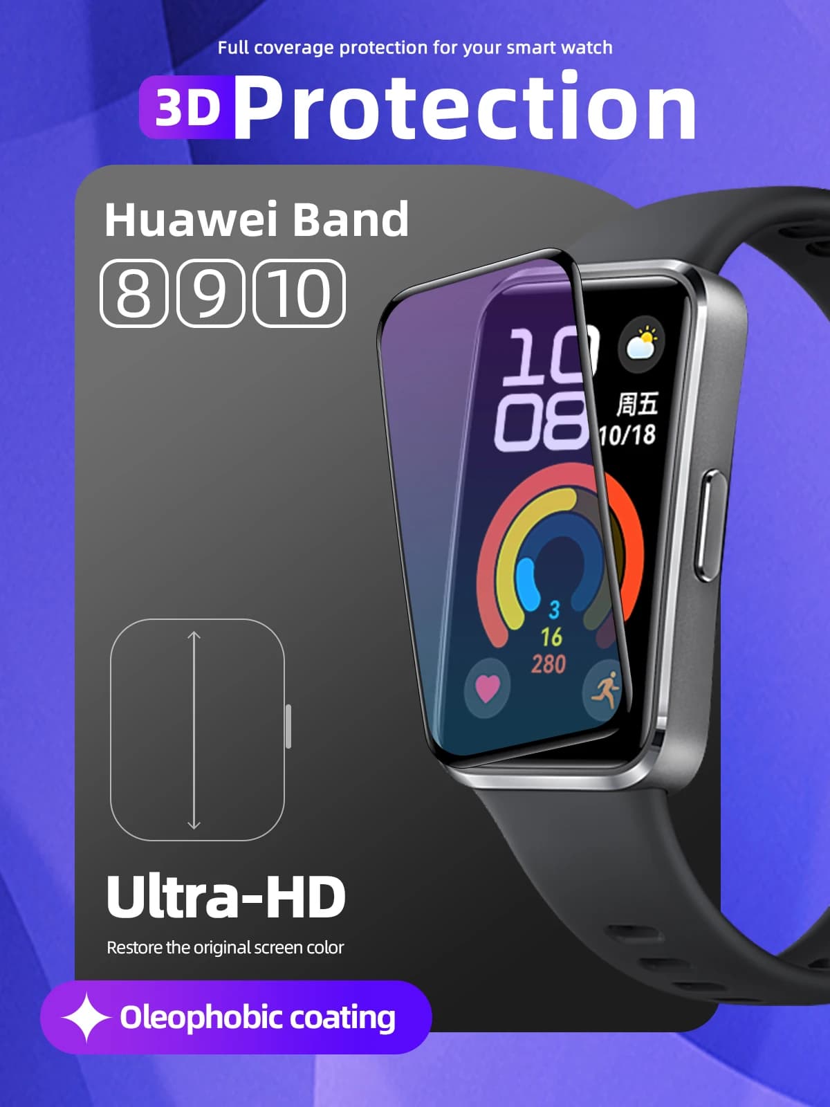 Pellicola protettiva 3D per protezione schermo Huawei Band 10/9/8, copertura completa 99% HD Chiarezza Accessori antigraffio senza bolle