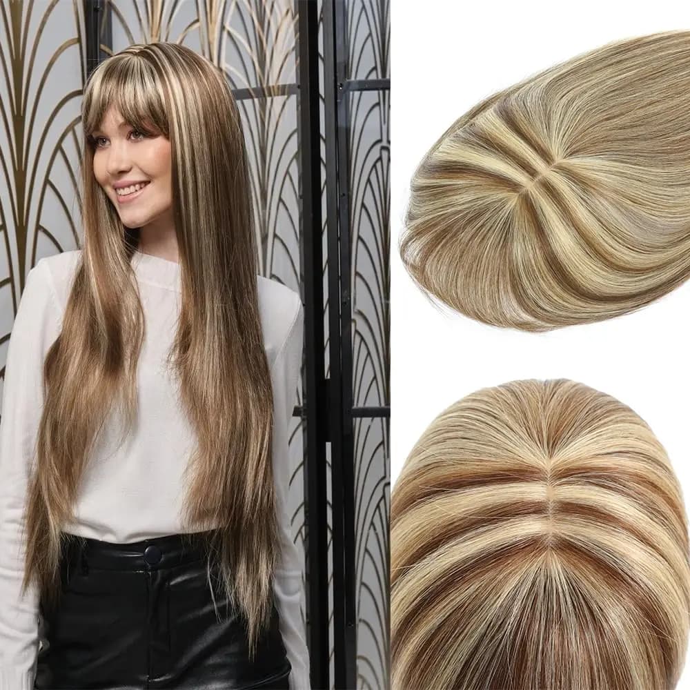 Topper per capelli umani con clip, Topper per capelli da donna, morbidi e naturali, per capelli diradati, Topper monopezzo con base 5x9 cm, aggiungono volume e lunghezza