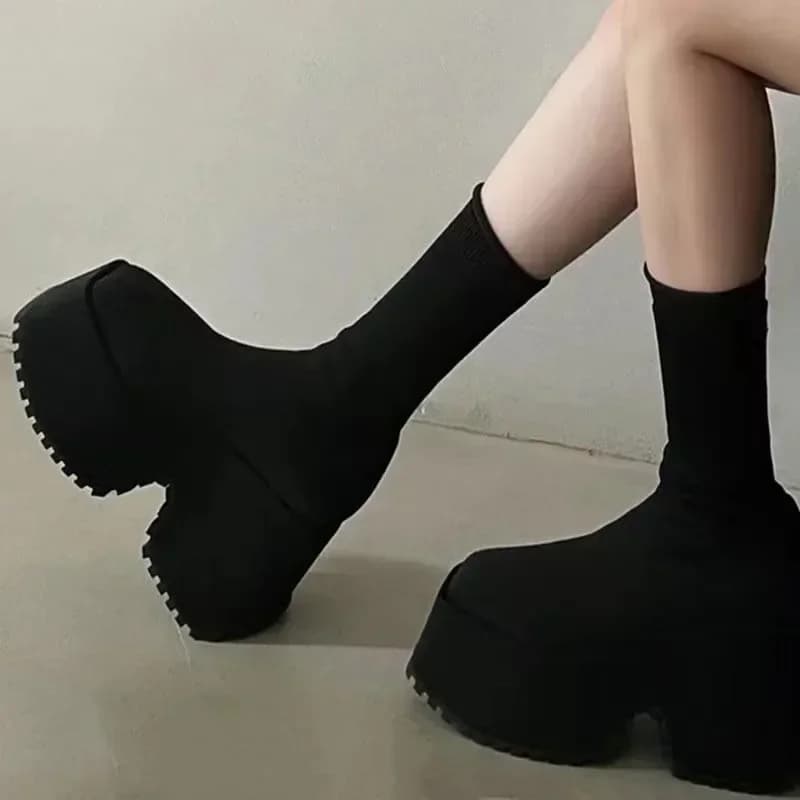 Stivali calzino Donna Piattaforma con zeppa nascosta Scarpe casual femminili Autunno Nuova zeppa Lady Knitting Stivaletti corti Piattaforma 11 CM
