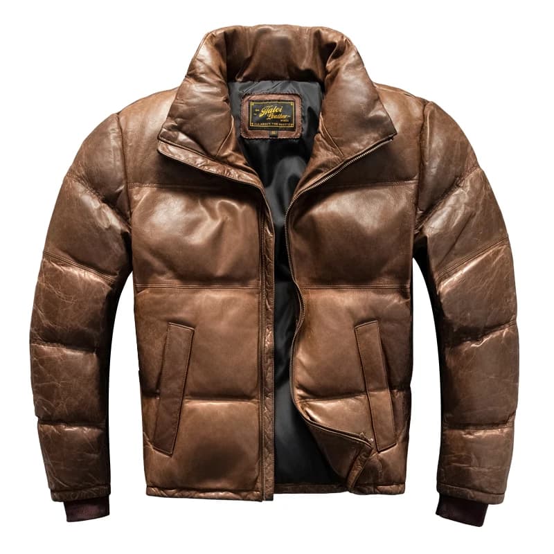 Piumino corto, pelle di pecora di primo strato, colletto rialzato da uomo caldo, giacca versatile, giacca in vera pelle, stile invernale