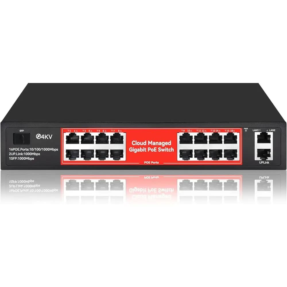 Switch PoE+ Gestito Intelligente a 16 Porte Gigabit con 240W, Plug-and-Play, Supporto VLAN, Protezione da Sovraccarico