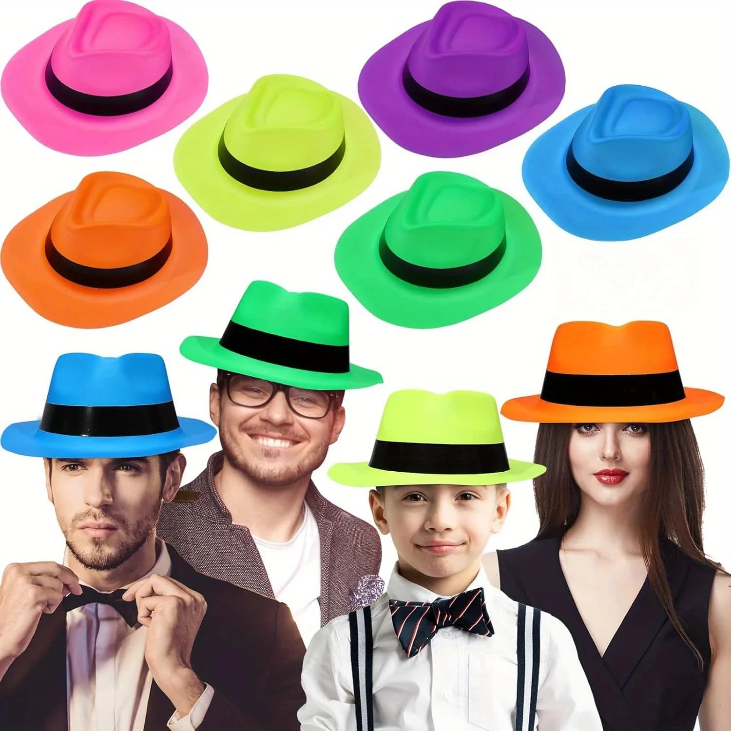 12 Pezzi Cappelli da Festa in Stile Neon Mafia - Cappelli Eleganti Luminosi per Compleanno in Discoteca di Musica Gangster, Oggetti di Scena per Photo Booth e Bomboniere