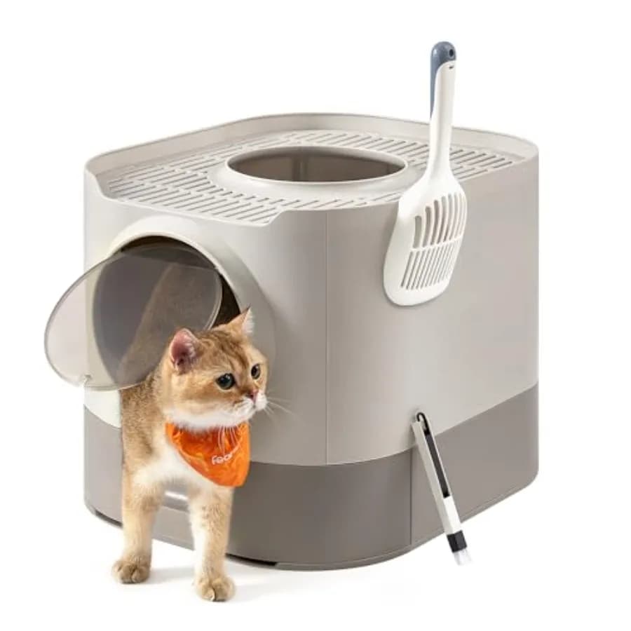 Lettiera per Gatti XL Chiusa con Coperchio e Vassoio Estraibile, Include Paletta e Spazzola, Design Anti-Tracciamento, Colore Avena e Grigio Caldo