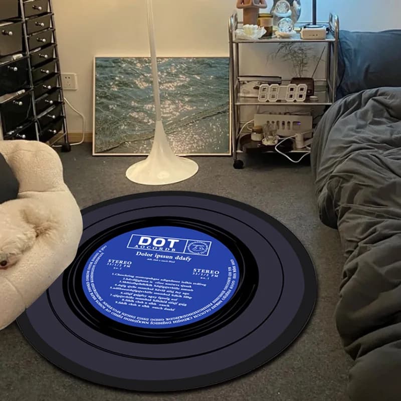 Round Carpet with Music CD Pattern, Play Chair Mat, Living Room Decoration, Large Anti-slip Area