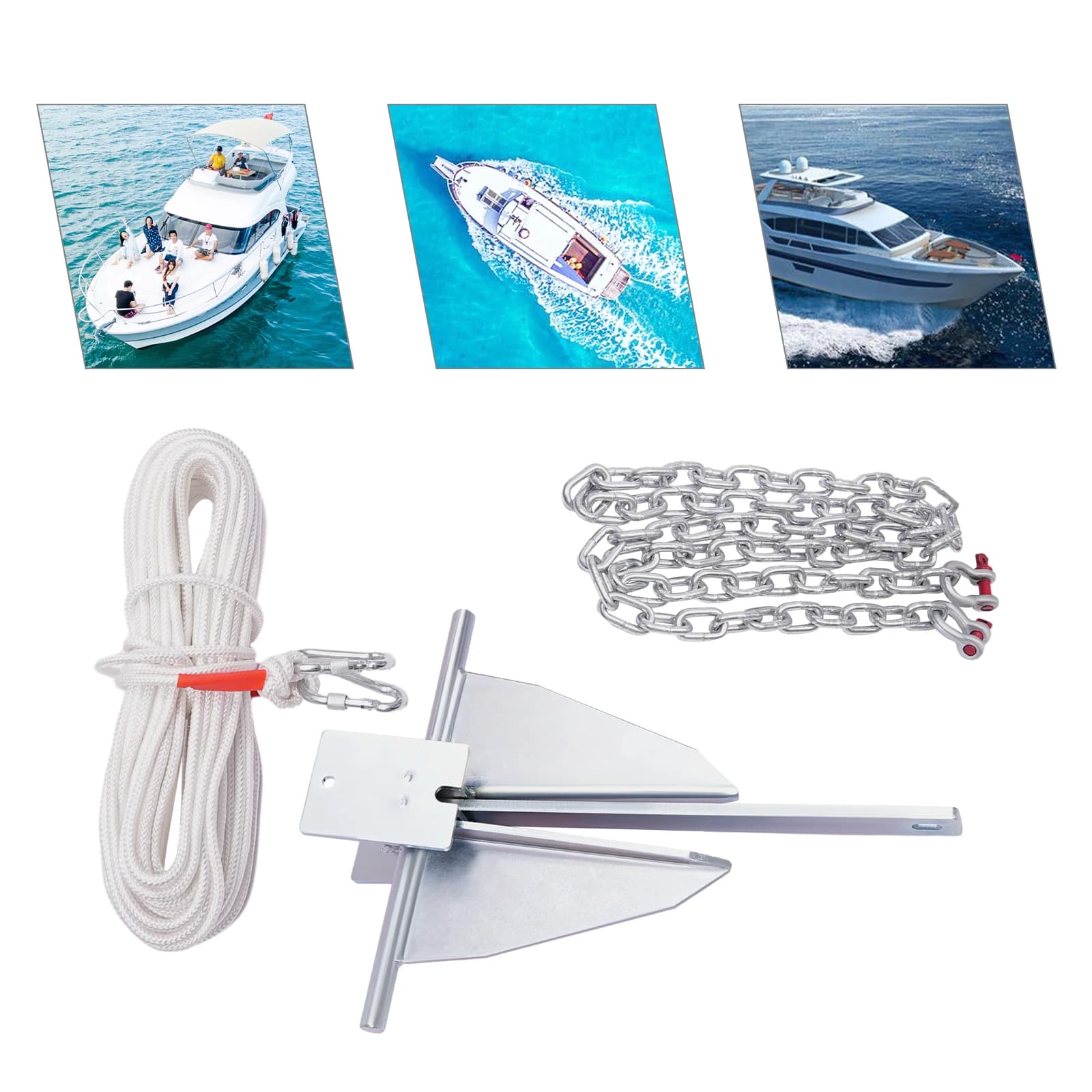 Kit gancio per barca pieghevole da 13 libbre Kit di ancoraggio zincato portatile Catena e 100 piedi di corda in nylon Kit di ancoraggio per barca in acciaio Argento
