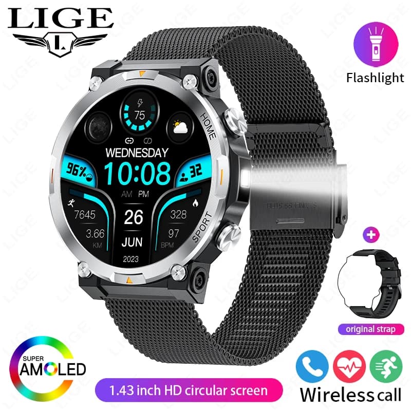 Smartwatch LIGE da Uomo con Schermo AMOLED, Tracker Sportivo, Monitoraggio Sonno e Salute, Torcia, Chiamate Bluetooth, Impermeabile - Offerta Speciale 2026