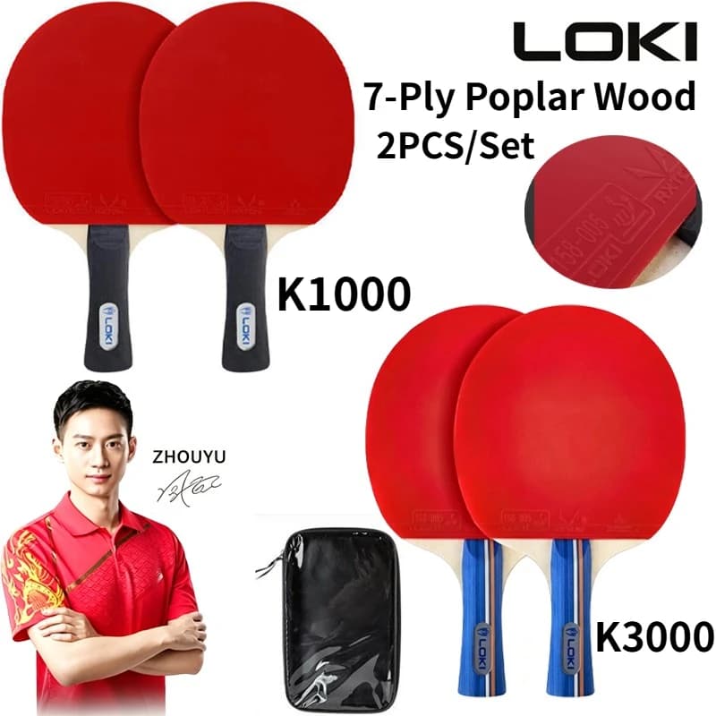 LOKI K1000/K3000 Finished Table Tennis Racket 2PCS/Set 7-Ply Poplar Wood Ping Pong Bat with RXTON 1 Rubber for Beginner Student