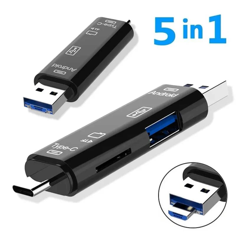 Lettore di schede multifunzione 5 in 1 Micro USB Type C TF per telefoni Android, PC, laptop, dock USB Type C, adattatore OTG