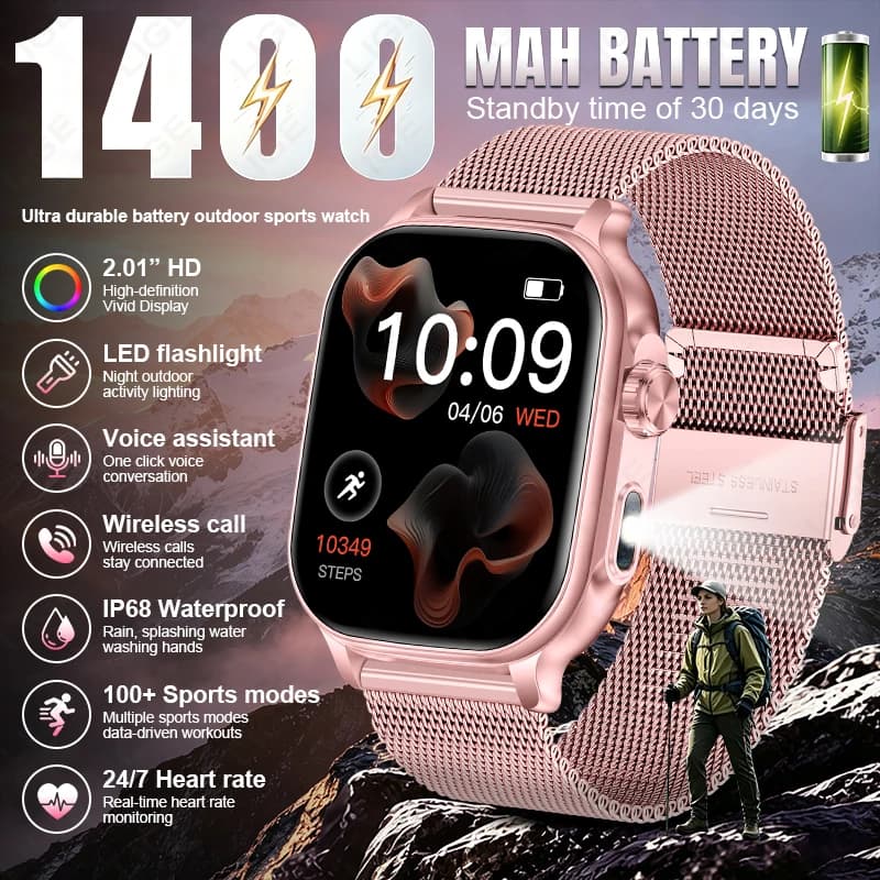 2026 New 1400mAh Battery Smart Watch Women Bluetooth Call Heart Rate Health Monitor Bracelet Waterproof Military Smartwatch Men