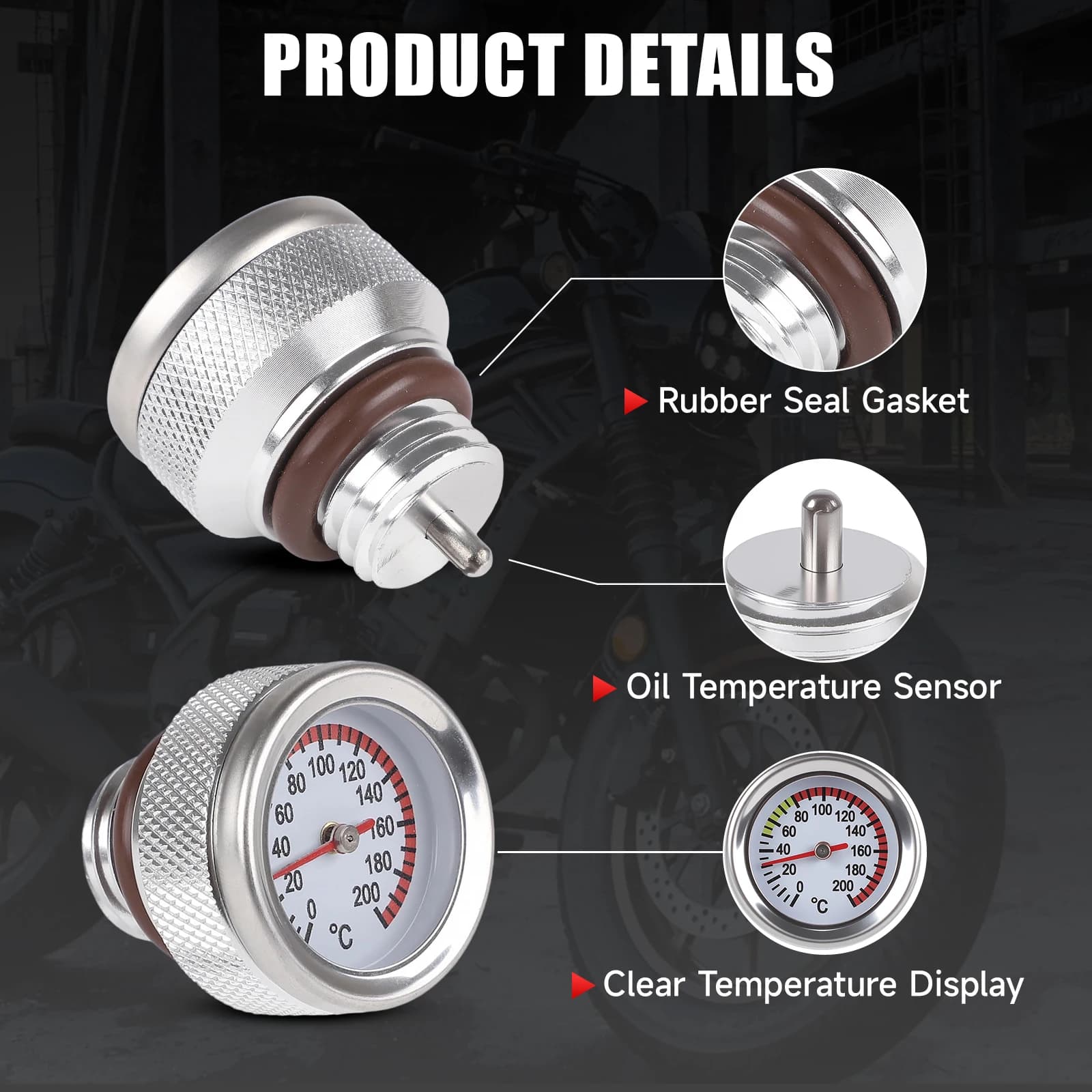 Indicatore temperatura olio CNSPEED M20x2.5 Coperchio tappo serbatoio carburante moto 0-200 gradi Celsius Puntatori Termometro Quadrante misuratore Nero Argento