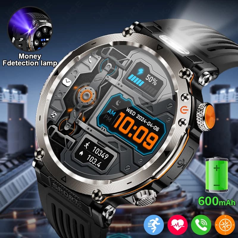 Nuovo Smartwatch da Uomo con Batteria da 600mAh, Display da 1,7 Pollici, Sport all'Aperto, Torcia LED, Bussola, Chiamate Bluetooth, Monitoraggio Frequenza Cardiaca e Salute
