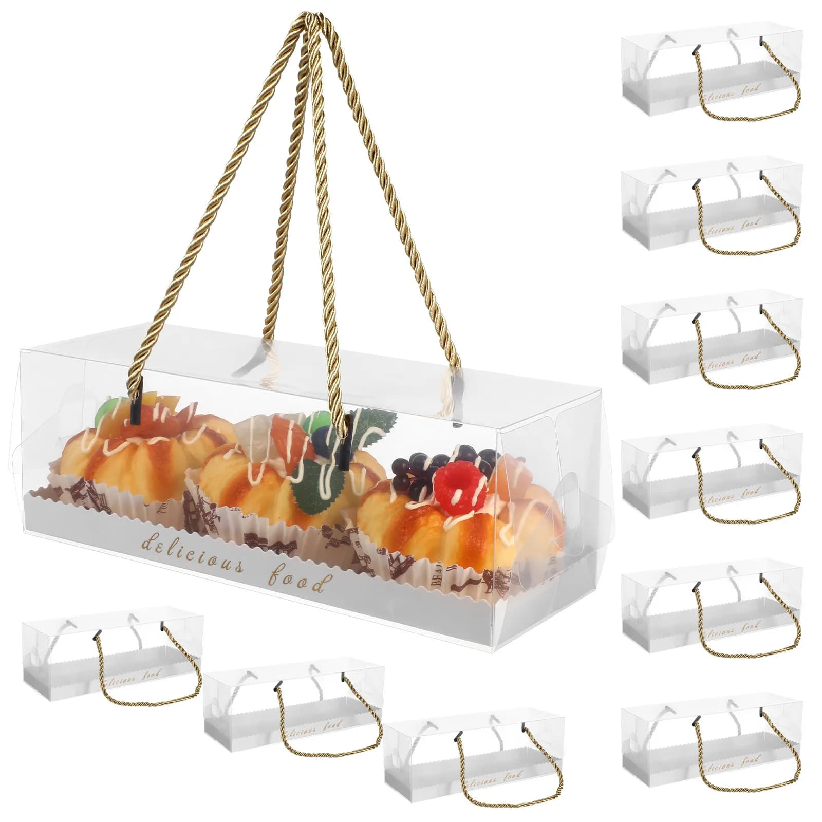 10Pcs Pre Creased Transparent Oblong Cake Boxes Food Grade Baking Dessert Storage Containers for Home Bakery Events