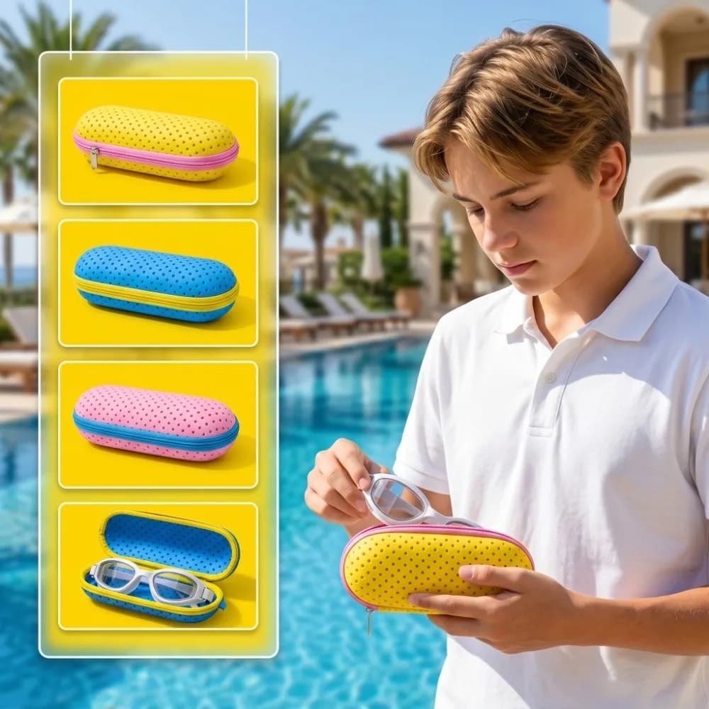 Custodia per Occhialini da Nuoto in Materiale EVA, Design Traspirante, Custodia Morbida Portatile con Cerniera e Ciondolo