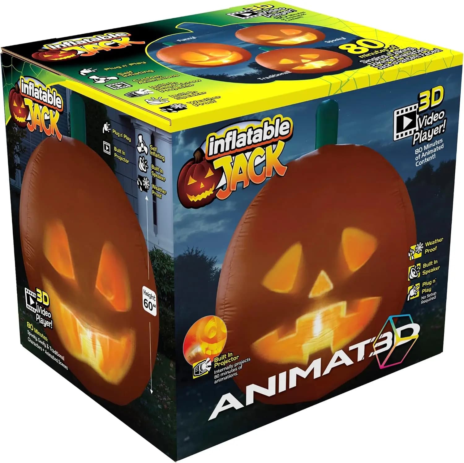 Inflatable Jabberin' Jack 5 Foot Tall Talking Animated Pumpkin with 56 Inch HD Screen and Built in Projector + Speaker Includes