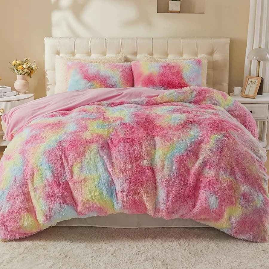 Set copripiumino fuzzy di lusso king size con biancheria da letto morbida pelosa e peluche in arcobaleno colorato rosa per letto king size 2 pezzi