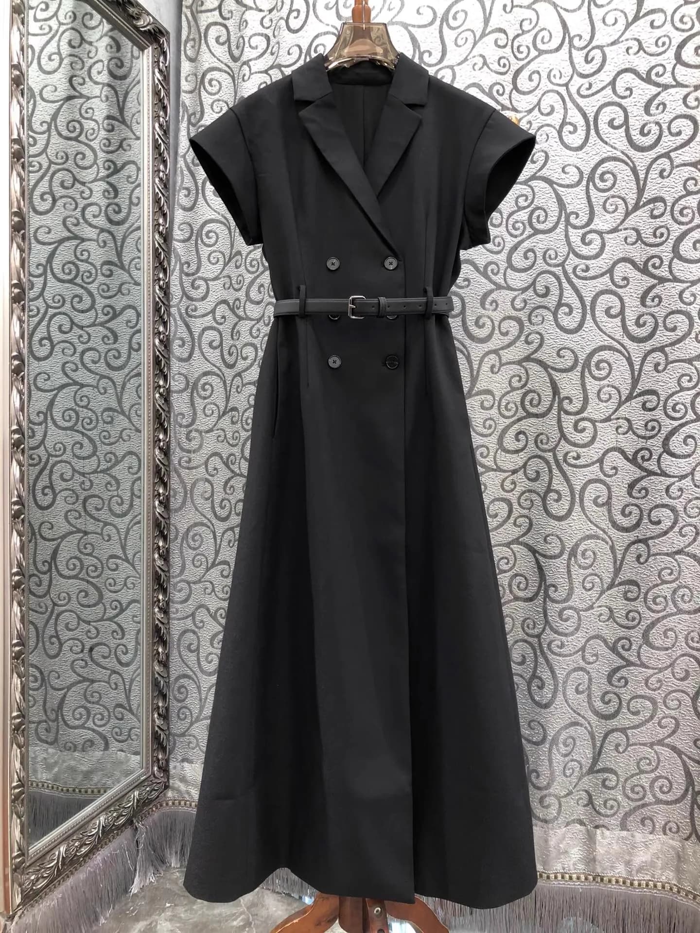 High Quality New 2025 Autumn Long Dress Women Notched Collar Belt Patchwork Short Sleeve Elegant Party Long Black Maxi Dress