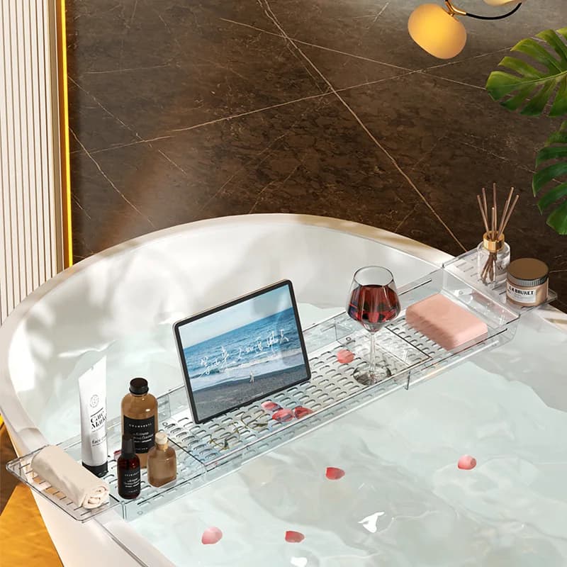 Plastic Material Draining Design Non-Slip Bathroom tablet tray Bathtub wine stand Retractable Multifunctional Bathtub Tray