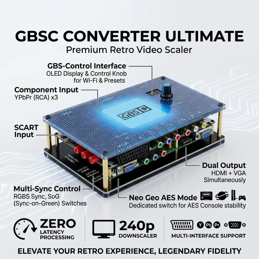 Convertitore GBSC Ultimate Retro Video Upscaler 240p Downscaler per Video a Bassa Risoluzione | Convertitore SCART RGBS Component VGA a HDMI a Latenza Zero per PS2 e Xbox