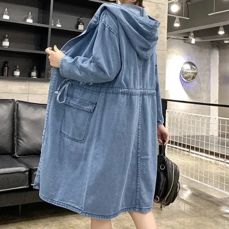 Cappotto da donna in denim giacca a vento cardigan con cappuccio tasche lavate Y2k capispalla a vita alta 2025 cappotto streetwear autunnale