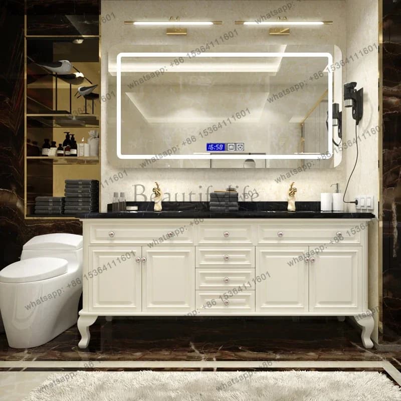 LJY American Bathroom Cabinet with Marble Top Oak Floor Wash Basin Pool European Double Basin Solid Wood Wash Basin Bathroom Cab