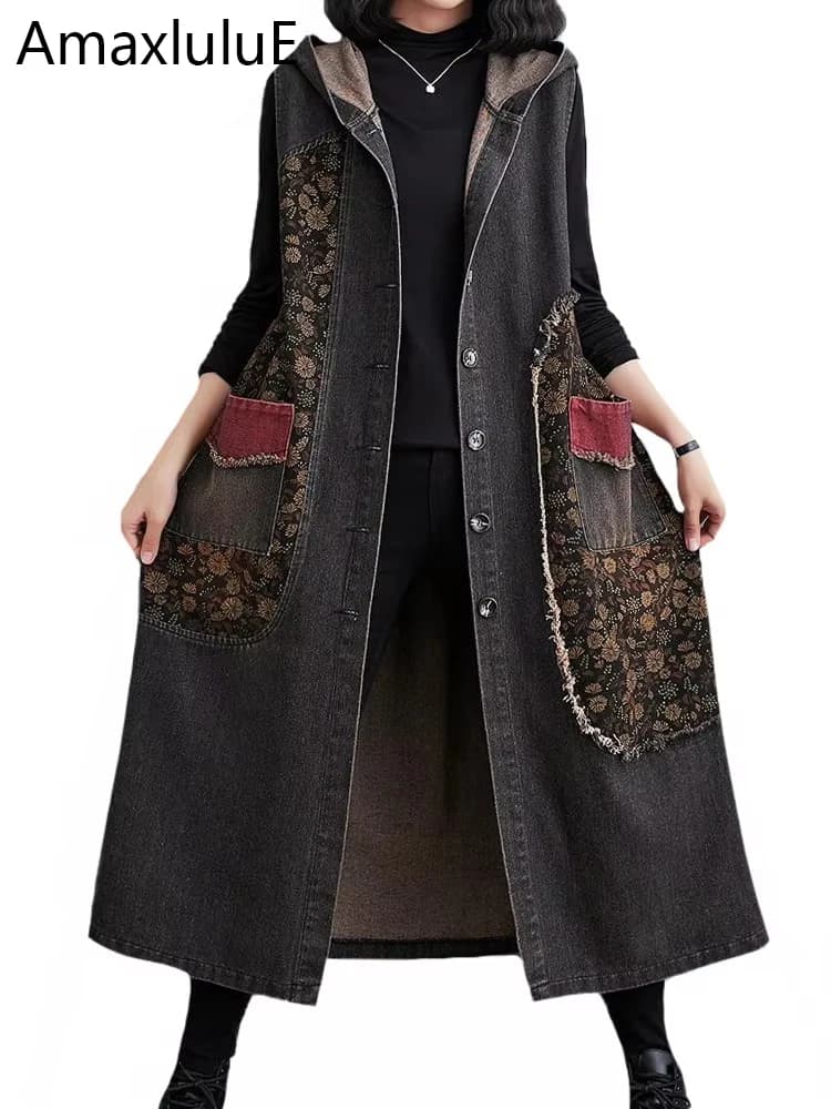 Amax luluE Autunno Abiti lunghi senza maniche Moda donna Gilet di jeans con cappuccio allentato Donna Cappotti stampati casual Gilet vintage