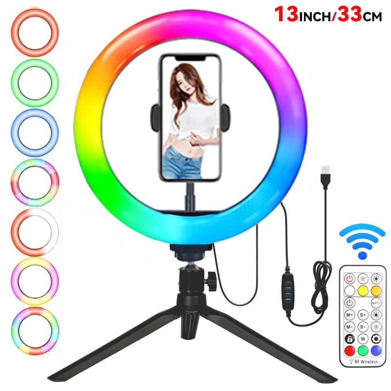 Anello luminoso per selfie RGB da 13 pollici Supporto per treppiede Supporto per telefono Anello luminoso a LED dimmerabile per streaming live/trucco/YouTube/fotografia