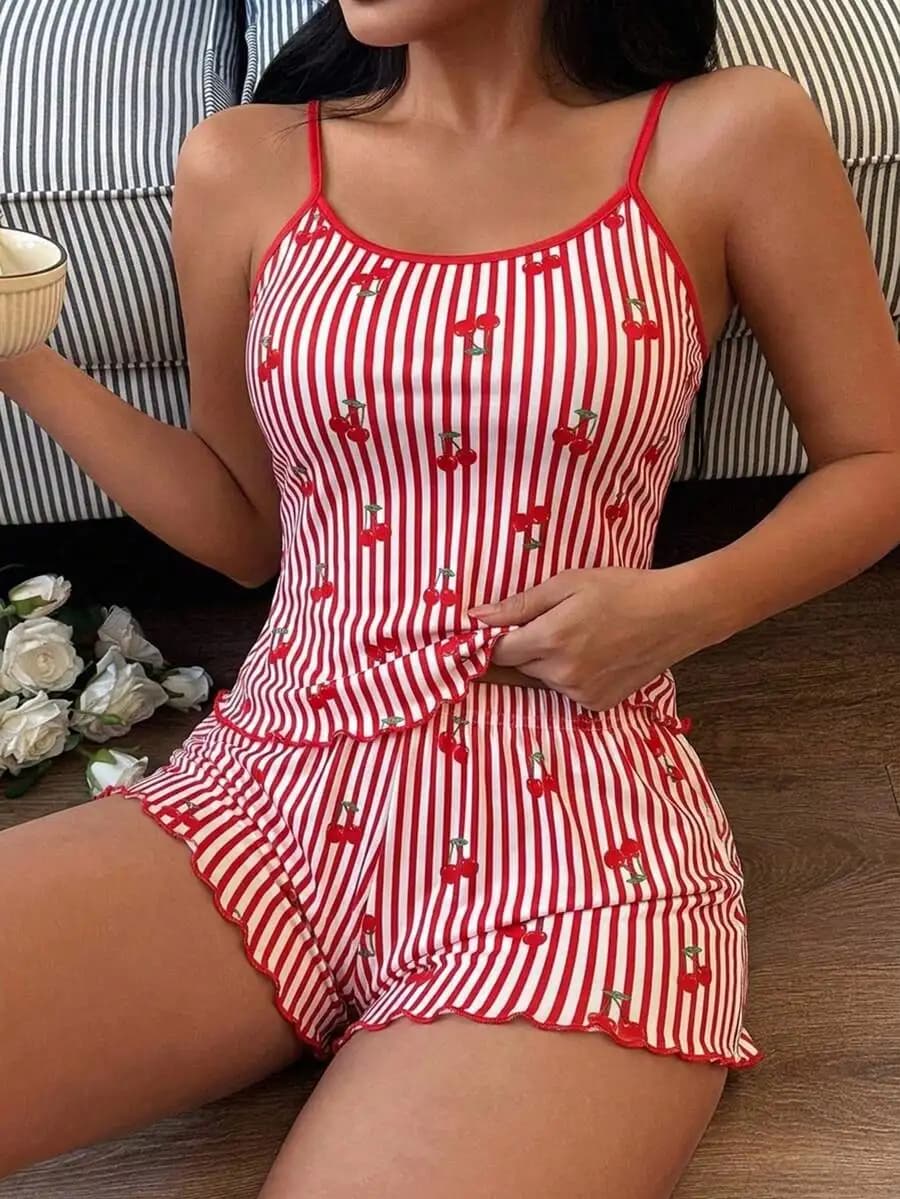 Set pigiama da donna con canotta e pantaloncini a righe con stampa ciliegia