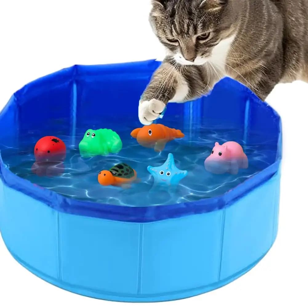 Portable Foldable Dog Cat Swimming Pool, Interactive Fish Water Toy for Pet Self Play, Indoor Outdoor Pet Wash Basin