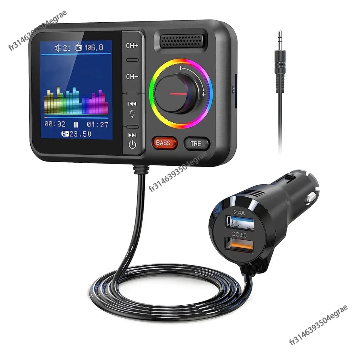 Trasmettitore FM wireless con grande schermo a colori 2.4A QC3.0 Doppio USB Ricarica rapida Chiamata in vivavoce Adattatore AUX per auto Lettore musicale MP3