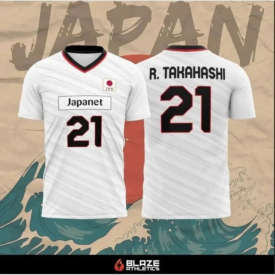 Japan National Volleyball Team Jersey No.21 R.TAKAHASHI White Striped V Neck Quick Dry Mesh Short Sleeve