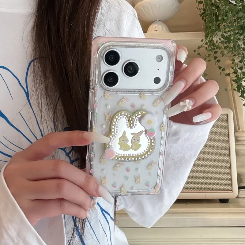 Custodia per telefono quadrata coreana con specchio 3D a forma di coniglio e diamanti, antiurto, per iPhone 17 Pro 16 15 Pro Max, cover posteriore a cartone animato per ragazza