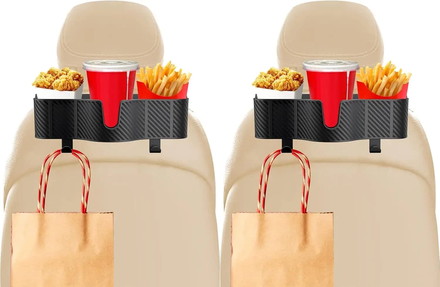 Organizer 3-in-1 per Poggiatesta Auto con Portabicchieri e Ganci, Set da 2 Pezzi per Organizzazione Veicolo