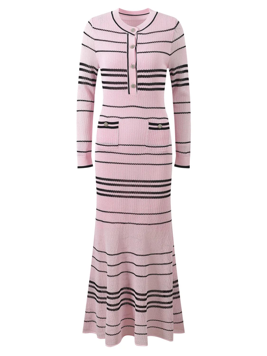 Elegant Long round Neck Dress Striped Black And Pink Slimming Goddess Style Knitted Elastic Fabric Casual Single Button Closure