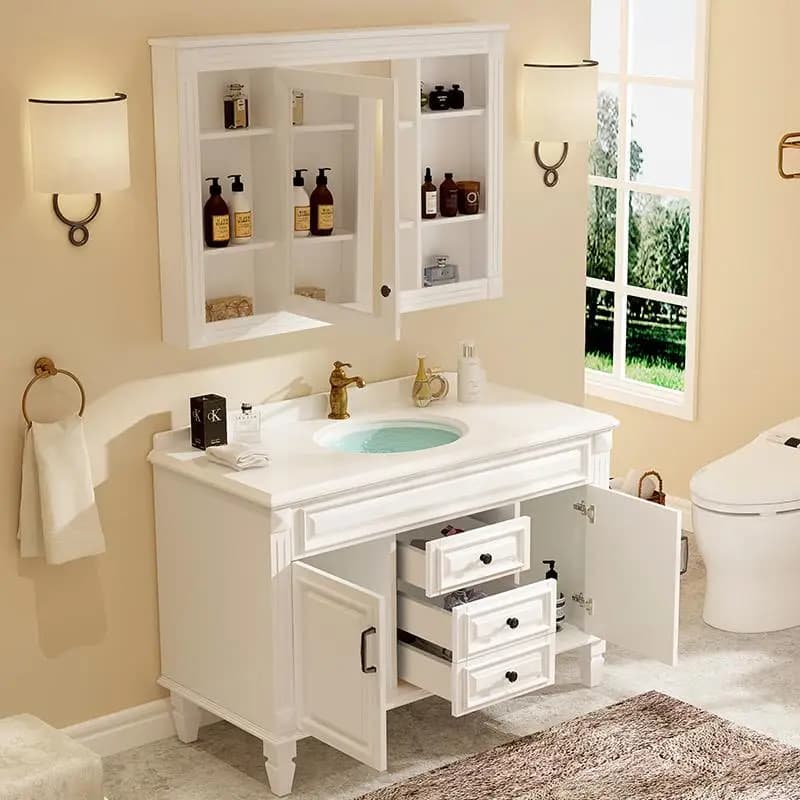 Mobile bagno in rovere americano con lavabo, specchio intelligente e lavandino a tutta altezza