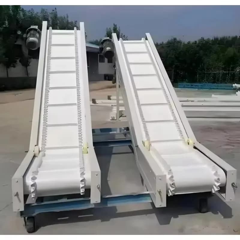 Custom inclined wheeled cleated conveyor belt, steel & PVC modular structure, food grade, with magnetic design for DIY assembly