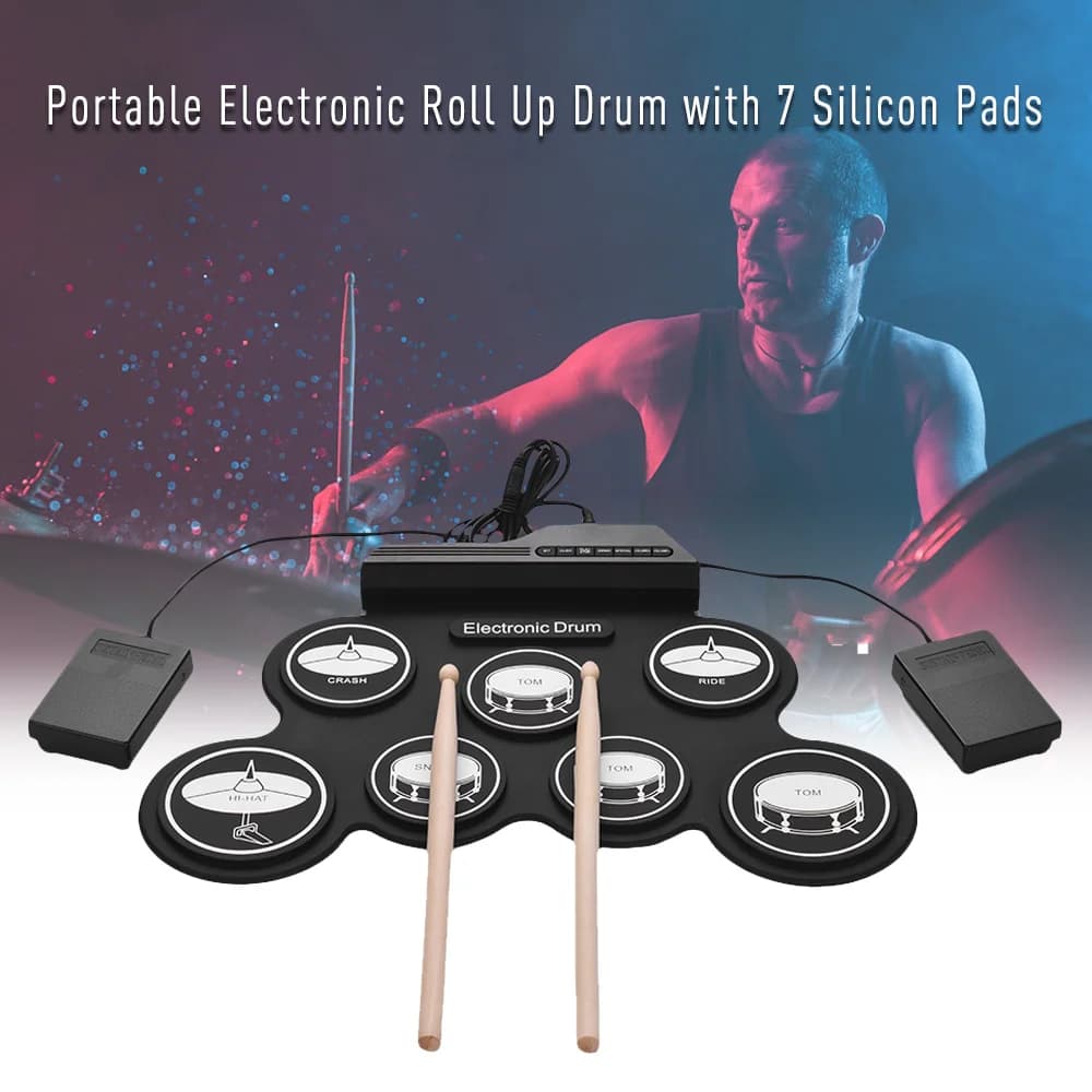 Electronic Drum Compact Size USB Roll-Up Silicon Drum Set Digital Kit 7 Drum Pads with Drumsticks Foot Pedals Beginners Kids