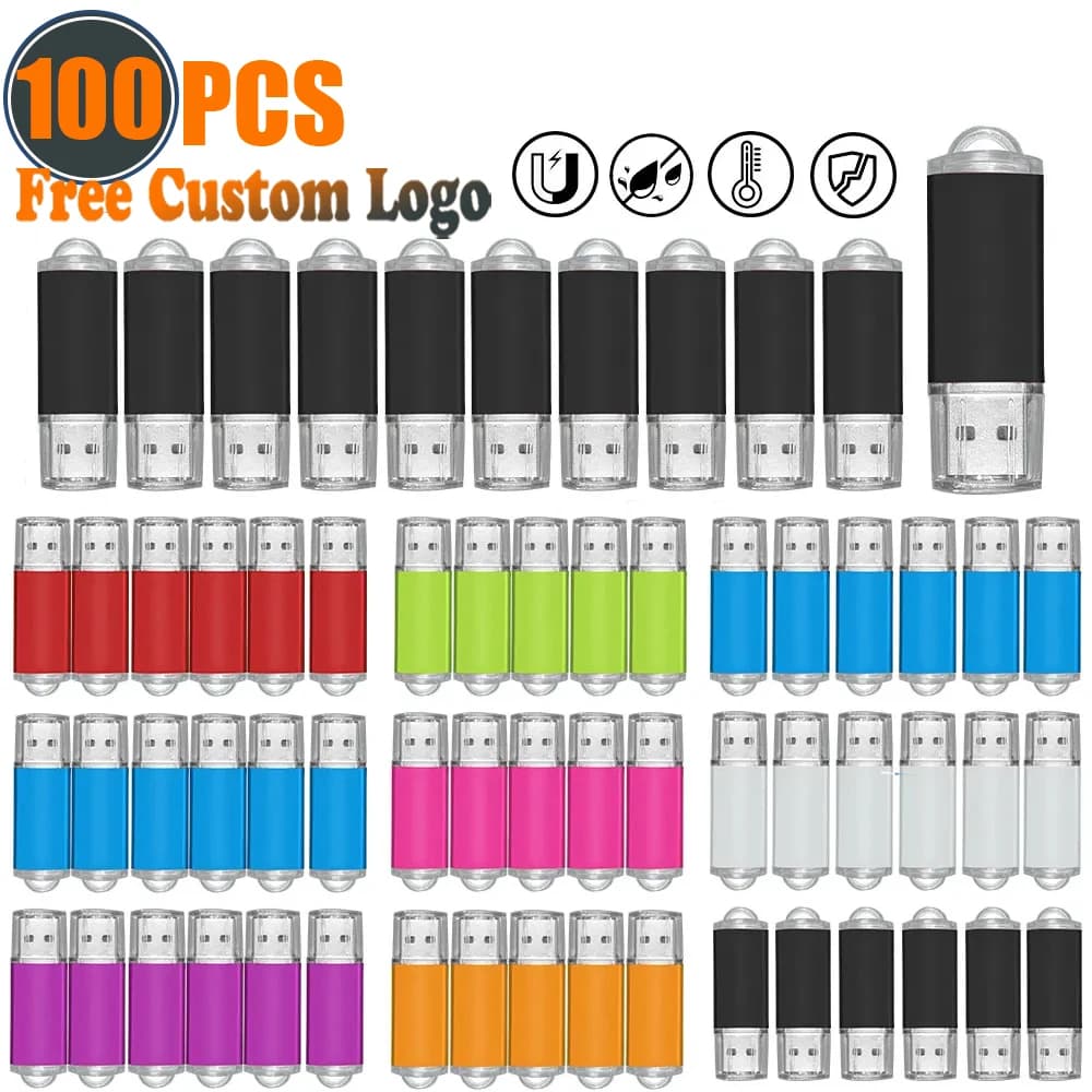 Chiavetta USB da 100 pezzi Logo gratuito 128 GB 64 GB 32 GB 16 GB 8 GB 4 GB Pen Drive impermeabile Chiavetta USB 2.0 Disco Pendrive colorato