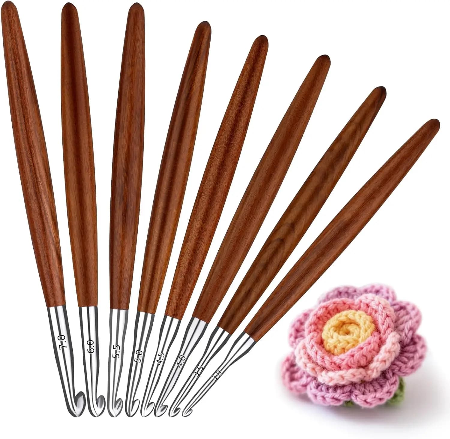 Set di Uncinetti Ergonomici in Alluminio con Manico in Legno per Sollievo dall'Artrite, Lavori Fai-da-Te - Misure 3mm-7mm