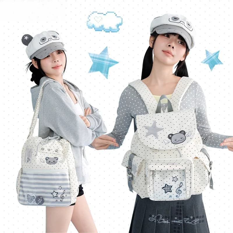 Borsa Tote Ita a Pois e Righe, Borsa a Tracolla con Finestra Trasparente e Ricamo Orsetto Carino, Borsa a Tracolla Casual Kawaii per Pin e Bambole