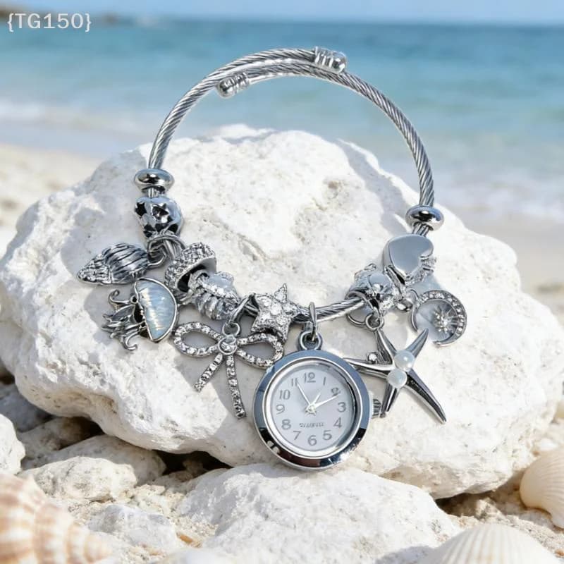 【TG150】Ocean-Themed Stainless Steel Handmade Beaded Bangle - Multi-Pendant Watch Fashionable Commuting Bracelet【WT】