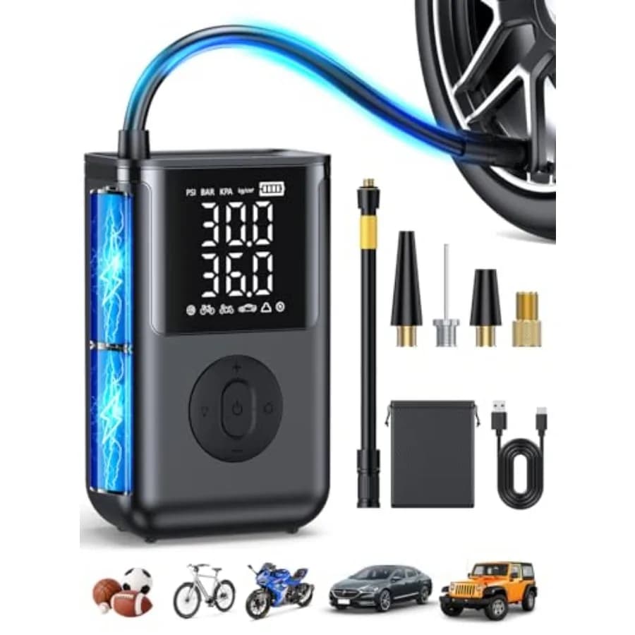Compressore d'aria portatile per gonfiaggio pneumatici, 160 PSI e 20000mAh, pompa ad aria senza fili per pneumatici auto con manometro digitale.